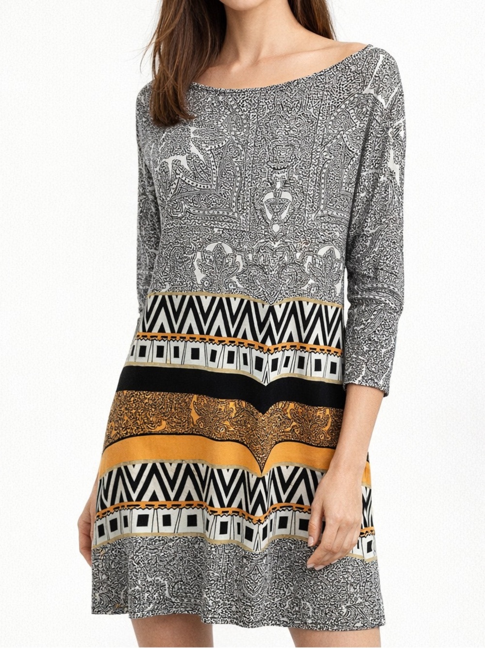 MSK Mixed Print Paisley & Geometric Boat Neck Dress